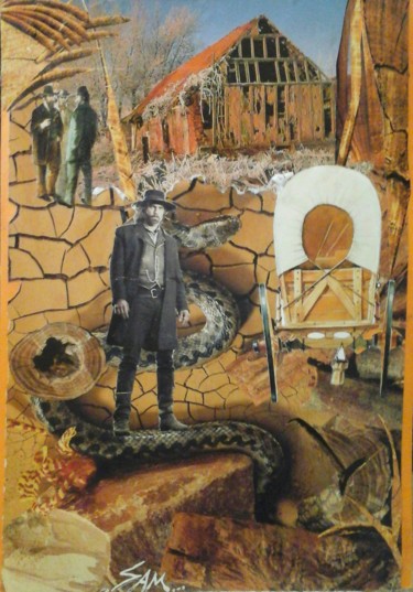 Κολάζ με τίτλο "VOYAGE AU FAR WEST" από Sam De Beauregard, Αυθεντικά έργα τέχνης, Κολάζ Τοποθετήθηκε στο Χαρτόνι