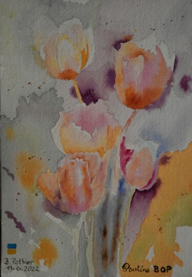 Malerei mit dem Titel "Tulipes floues insp…" von Bernard Pothier, Original-Kunstwerk, Aquarell Auf Andere starre Platte mont…