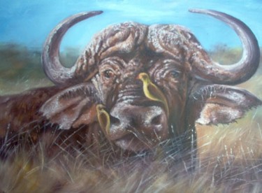 Pittura intitolato "alert buffalo" da Berthold Moyo, Opera d'arte originale, Olio