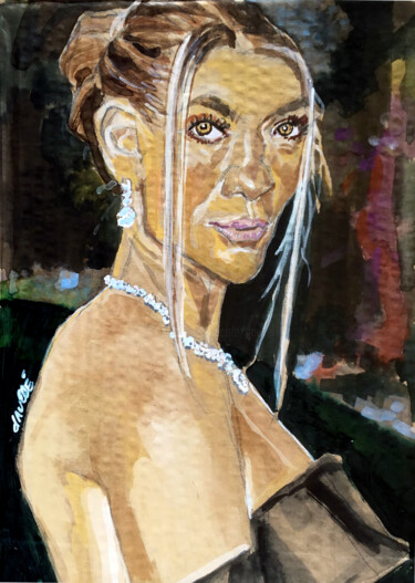 Schilderij getiteld "Jennifer Lopez" door Bertrand Daullé, Origineel Kunstwerk, Aquarel