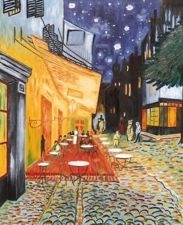 Painting titled "CAFE LE SOIR  PLACE…" by Bertrand Delogne, Original Artwork, Oil Mounted on Wood Stretcher frame