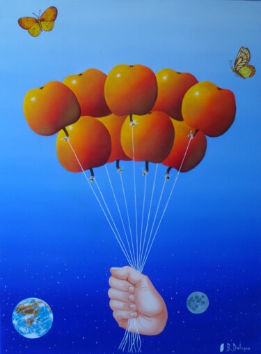 Painting titled "LES POMMES BALLON" by Bertrand Delogne, Original Artwork, Oil Mounted on Wood Stretcher frame