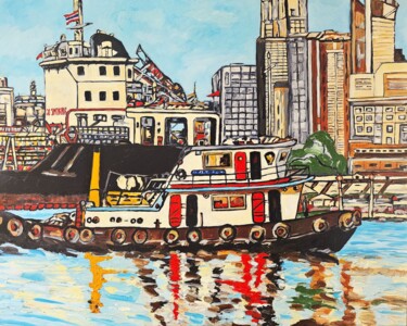 Ζωγραφική με τίτλο "Bangkok - Tug Boat…" από Bertrand Gossart, Αυθεντικά έργα τέχνης, Λάδι Τοποθετήθηκε στο Ξύλινο φορείο σκ…