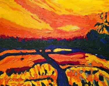 Schilderij getiteld "Orange twilight" door Bertrand Gossart, Origineel Kunstwerk, Olie Gemonteerd op Frame voor houten branc…