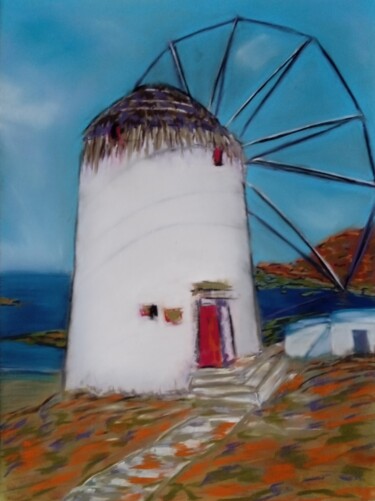 Рисунок под названием "Moulin en Grèce ." - Bertrand Jost, Подлинное произведение искусства, Пастель