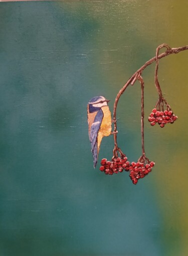 Peinture intitulée "La mésange bleue ." par Bertrand Jost, Œuvre d'art originale, Huile Monté sur Carton