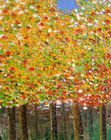 Painting titled "Paysage d'automne ." by Bertrand Jost, Original Artwork, Oil Mounted on Wood Stretcher frame