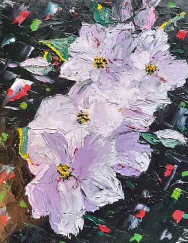 Painting titled "Fleurs de pommier ." by Bertrand Jost, Original Artwork, Oil Mounted on Cardboard