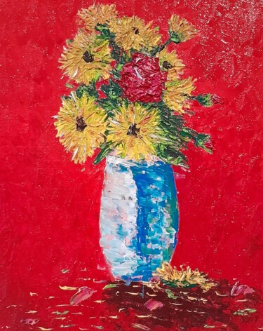 Pittura intitolato "Fleurs dans un vase…" da Bertrand Jost, Opera d'arte originale, Olio Montato su Cartone