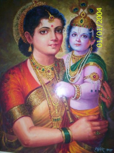 Painting titled "yashoda bal krishna" by Bharam, Original Artwork, Oil