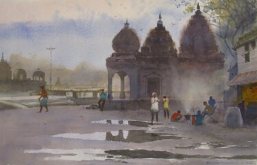 Pintura intitulada "Morning at Godawari…" por Bhargavkumar Kulkarni, Obras de arte originais, Aquarela