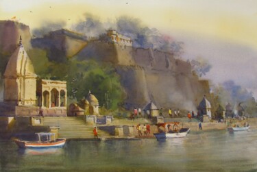 Painting titled "Narmada Ghat" by Bhargavkumar Kulkarni, Original Artwork, Watercolor