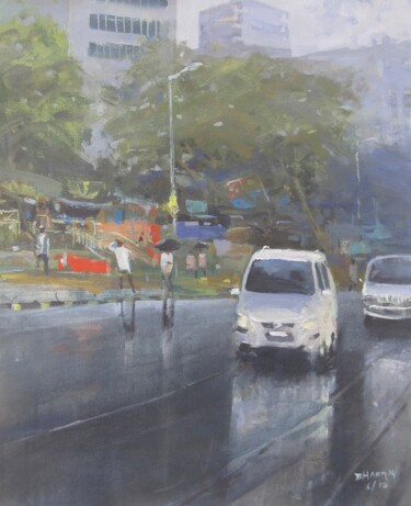 Malerei mit dem Titel "Cityscape in monsoon" von Bhargavkumar Kulkarni, Original-Kunstwerk, Acryl