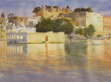 Painting titled "Golden Evening at U…" by Bhargavkumar Kulkarni, Original Artwork, Watercolor