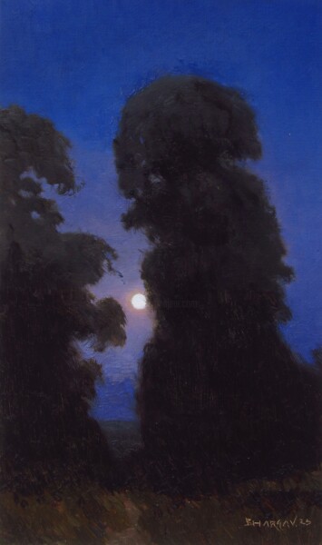 Pittura intitolato "Moonrise through tr…" da Bhargavkumar Kulkarni, Opera d'arte originale, Olio