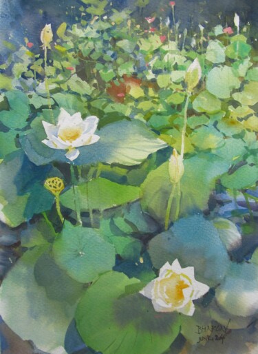 Pintura titulada "White lotus" por Bhargavkumar Kulkarni, Obra de arte original, Acuarela