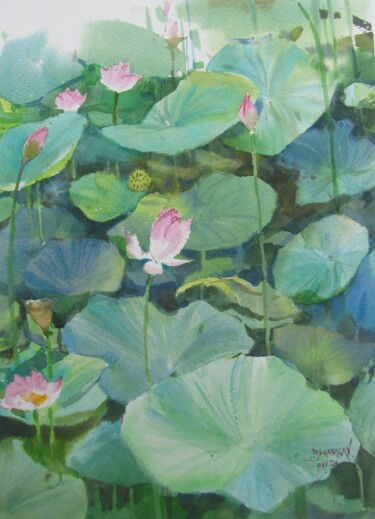 Картина под названием "Lotus pond 3" - Bhargavkumar Kulkarni, Подлинное произведение искусства, Акварель
