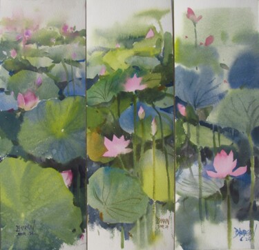 Painting titled "Triptych of Lotus C…" by Bhargavkumar Kulkarni, Original Artwork, Watercolor