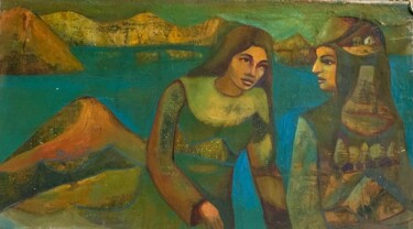 Schilderij getiteld "" in conversation"" door Bharti Sharma Nautiyal, Origineel Kunstwerk, Olie Gemonteerd op Houten paneel