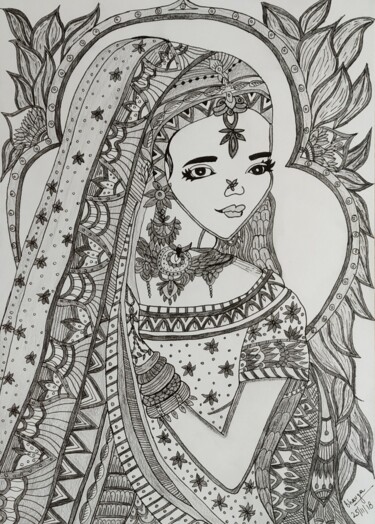 Dessin intitulée "Indian Bride" par Bhavya Bathla, Œuvre d'art originale, Graphite