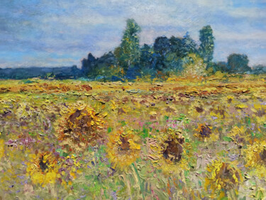 Painting titled "Impressionist sunfl…" by Biagio Chiesi, Original Artwork, Oil Mounted on Wood Panel