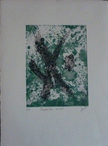 Gravures & estampes intitulée "composition en vert" par Brigitte Bibard-Guillon, Œuvre d'art originale, Eau-forte Monté sur…