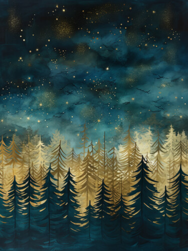 Digital Arts titled "Teal and Gold Forest" by Bilge Paksoylu, Original Artwork, AI generated image