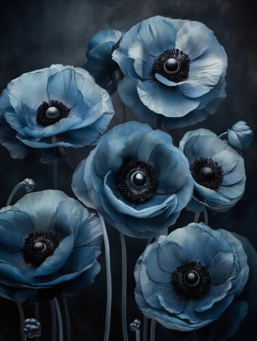 Arte digital titulada "Blue Bold Flowers" por Bilge Paksoylu, Obra de arte original, Imagen generada por IA