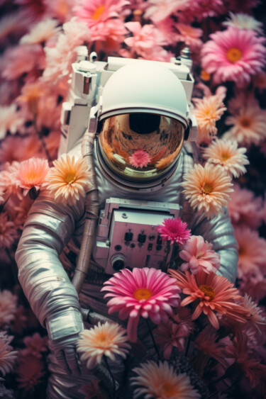 Digital Arts titled "Astronaut in Flowers" by Bilge Paksoylu, Original Artwork, AI generated image