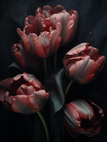 Digitale Kunst getiteld "Close Up Pink Tulips" door Bilge Paksoylu, Origineel Kunstwerk, AI gegenereerde afbeelding