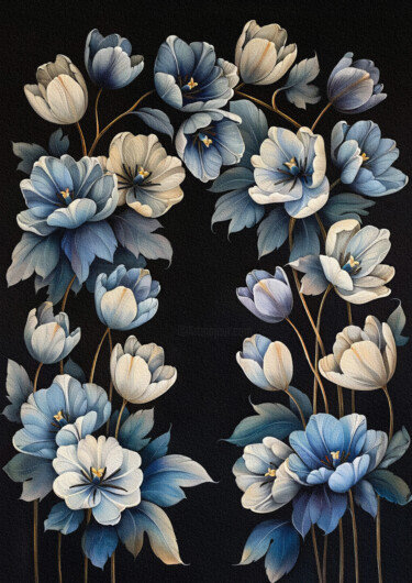 数字艺术 标题为“Blue White Flowers” 由Bilge Paksoylu, 原创艺术品, AI生成的图像