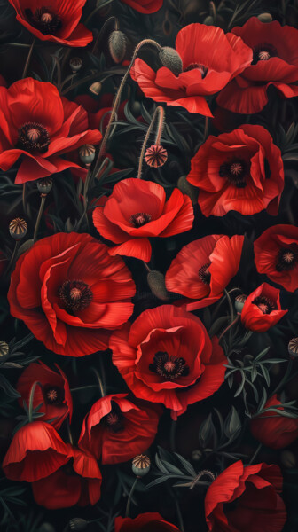 Digitale Kunst mit dem Titel "Vertical Poppy Field" von Bilge Paksoylu, Original-Kunstwerk, KI-generiertes Bild