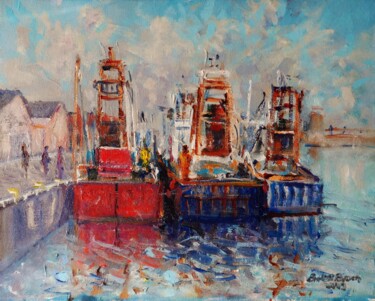 Pittura intitolato "Howth Trawlers West…" da Bill O'Brien, Opera d'arte originale, Olio