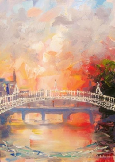 Painting titled "Hapenny Bridge Dusk" by Bill O'Brien, Original Artwork, Oil