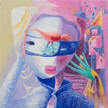 Painting titled "A VIRTUAL WORLD III" by Bin Xu, Original Artwork, Oil Mounted on Wood Stretcher frame