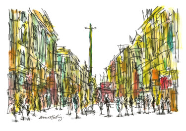 Schilderij getiteld "Oxford Circus London" door Bk-Art, Origineel Kunstwerk, Aquarel