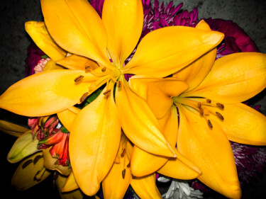 「The Yellow Lilies」というタイトルの製版 Lewis Freitagによって, オリジナルのアートワーク, デジタルプリント ウッドストレッチャーフレームにマウント