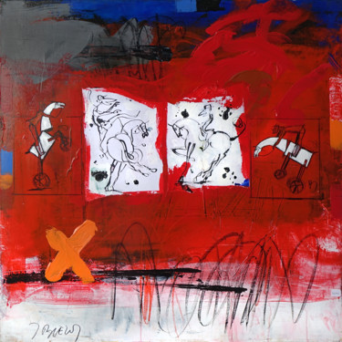 Peinture intitulée "80x80-chevaux-rouge…" par Blezot, Œuvre d'art originale, Acrylique