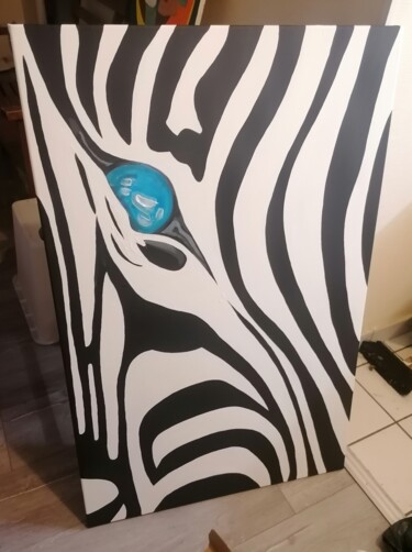 Painting titled "Blue eyed zebra" by Blue Hotel, Original Artwork, Acrylic Mounted on Wood Stretcher frame