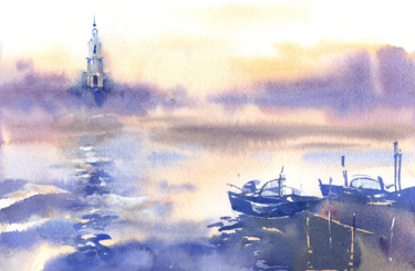 Pintura intitulada "Quiet pier" por Veronika Shepilova (Blueberry Artist), Obras de arte originais, Aquarela