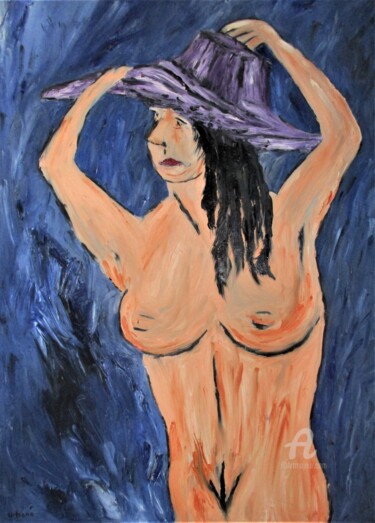 Schilderij getiteld "Brune au chapeau" door Roberto Urbano, Origineel Kunstwerk, Olie