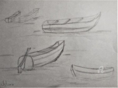 Disegno intitolato "Ebauches de barques." da Roberto Urbano, Opera d'arte originale, Matita