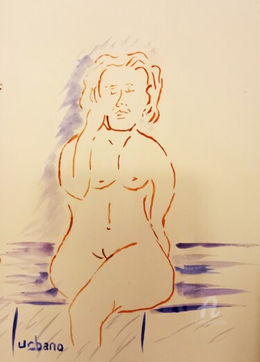 Malerei mit dem Titel "Nu au téléphone" von Roberto Urbano, Original-Kunstwerk, Aquarell