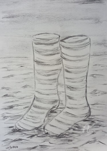 Zeichnungen mit dem Titel "Bottes Bretonnes" von Roberto Urbano, Original-Kunstwerk, Kohle