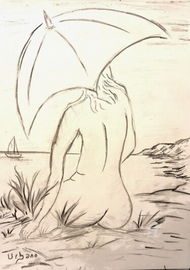 Drawing titled "Nu à l' ombrelle" by Roberto Urbano, Original Artwork, Charcoal