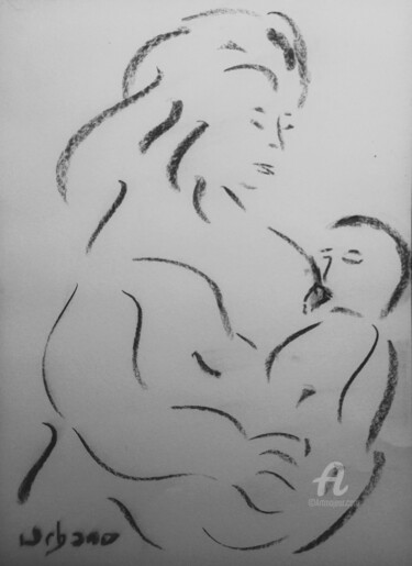 Disegno intitolato "Mère et l' enfant" da Roberto Urbano, Opera d'arte originale, Carbone