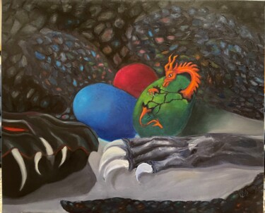 「Mother Dragon Prote…」というタイトルの絵画 Bobbie Salvadorによって, オリジナルのアートワーク, オイル ウッドストレッチャーフレームにマウント