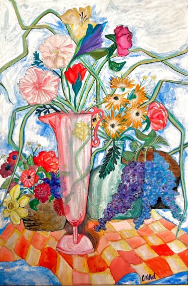 Pittura intitolato "Flowers and checker…" da Bobette Stanbridge, Opera d'arte originale, Acrilico