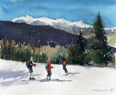 Pittura intitolato "Telluride Skiers" da Bogdan Shiptenko, Opera d'arte originale, Acquarello