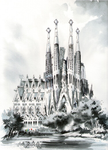 Malerei mit dem Titel "Sagrada Familia Bar…" von Bogdan Shiptenko, Original-Kunstwerk, Aquarell